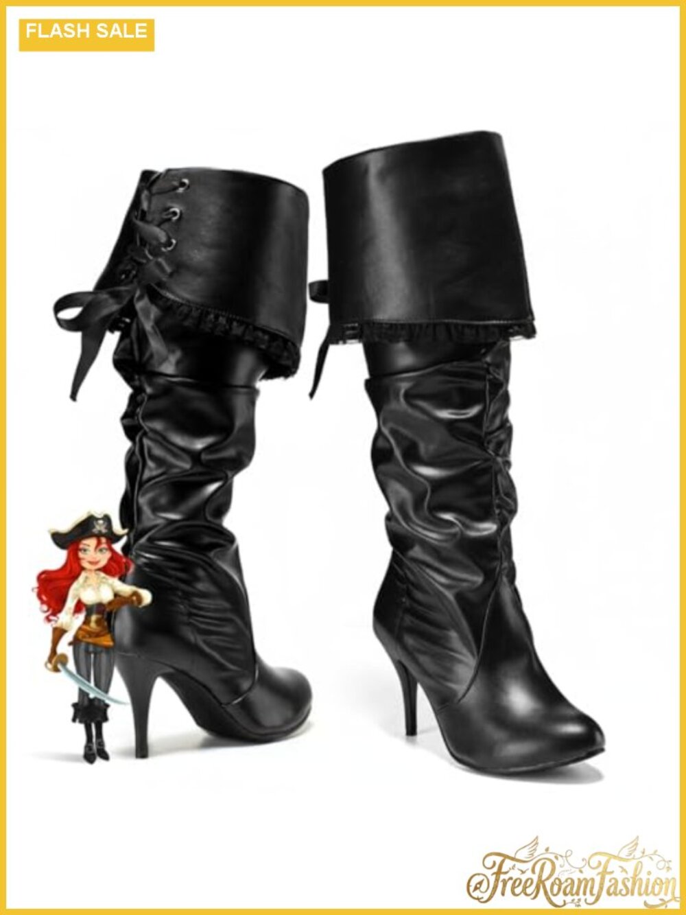 Faux Leather Knee High Pirate Boots Women Pointed Toe Lace-Up Halloween Costume